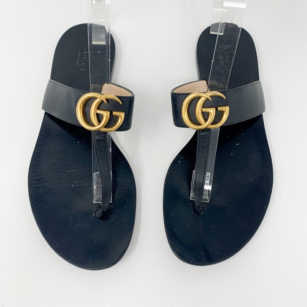 Gucci Marmont GG Black Leather Thong Sandals Gold Logo EU 38.5